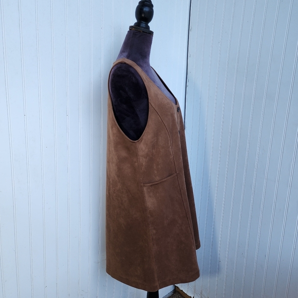 Loft Faux Suede Button Down Deep-Neck Pocket Brown Soft Vest Dress Women's Sz M - Picture 5 of 14